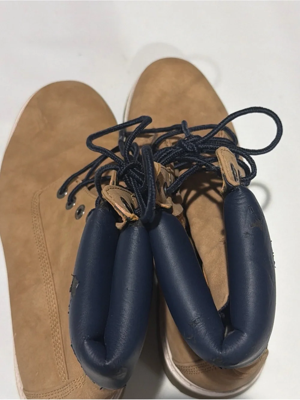 Lugz Tan Work Boots with Navy Collar